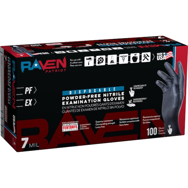 Raven Patriot Raven Patriot, Disposable Gloves, 7 mil Palm, Nitrile, L, 100 PK, Black 66483 - main